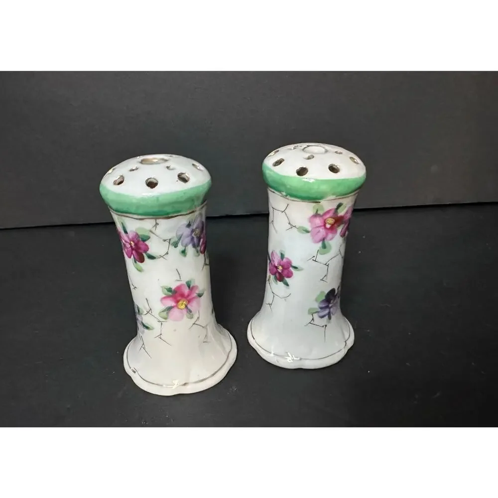 Pair Hand Painted Hat Pin Holders Floral Design VIOLETS Green Gold Trim